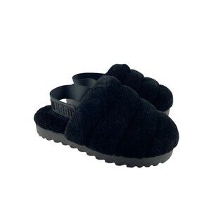 UGG Women’s Super Fluff Sheepskin Slippers Size 7 Black Fuzzy Slingback 1121751